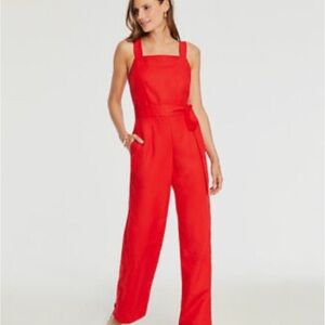 Ann Taylor Red Square-Neck Wide-Leg Jumpsuit with Tie Waist